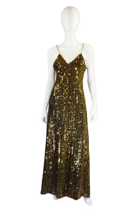 1970s Rare Biba Gold Sequin Maxi Dress