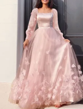 A-Line Prom Dresses Maxi Dress Wedding Guest Sweet 16 Floor Length Long Sleeve Scoop Neck Tulle