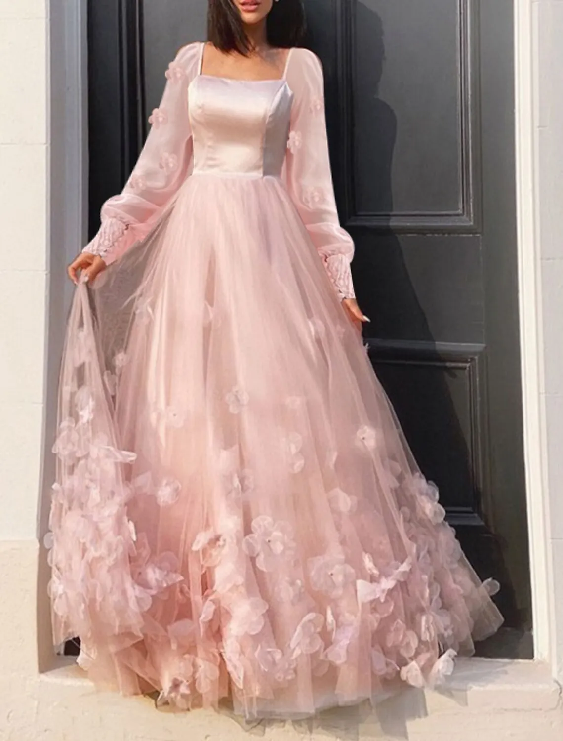 A-Line Prom Dresses Maxi Dress Wedding Guest Sweet 16 Floor Length Long Sleeve Scoop Neck Tulle