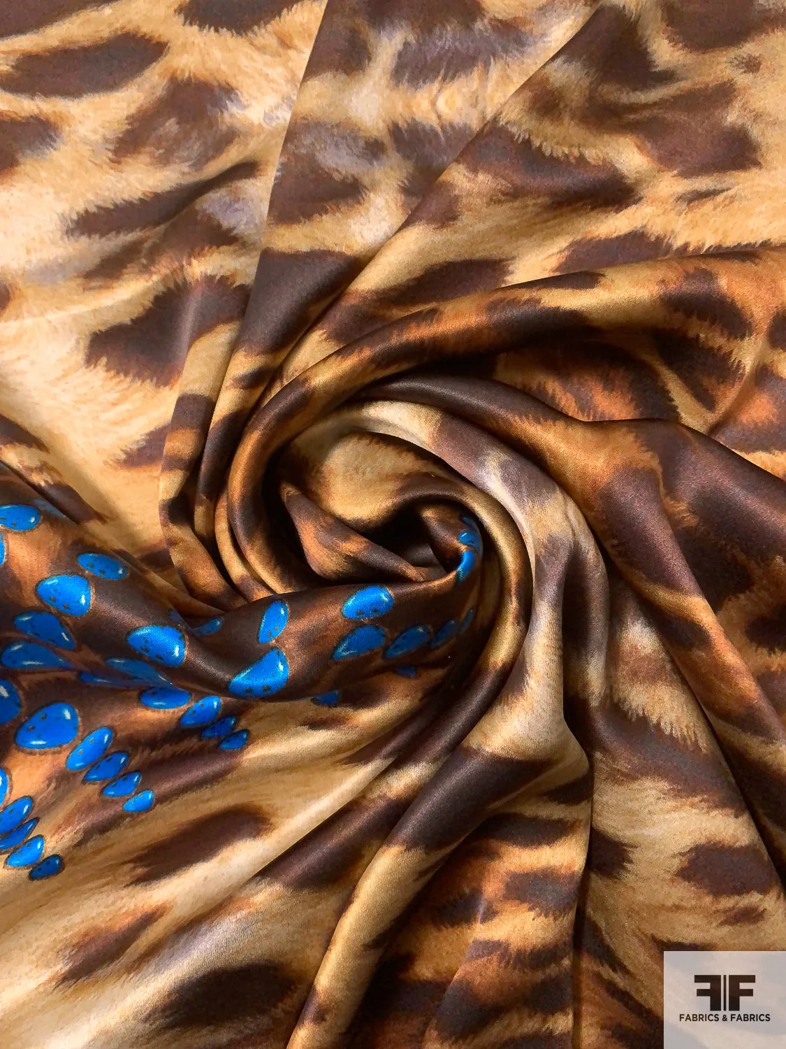 Animal Pattern with Border Print Silk Charmeuse - Brown / Caramel /Blue