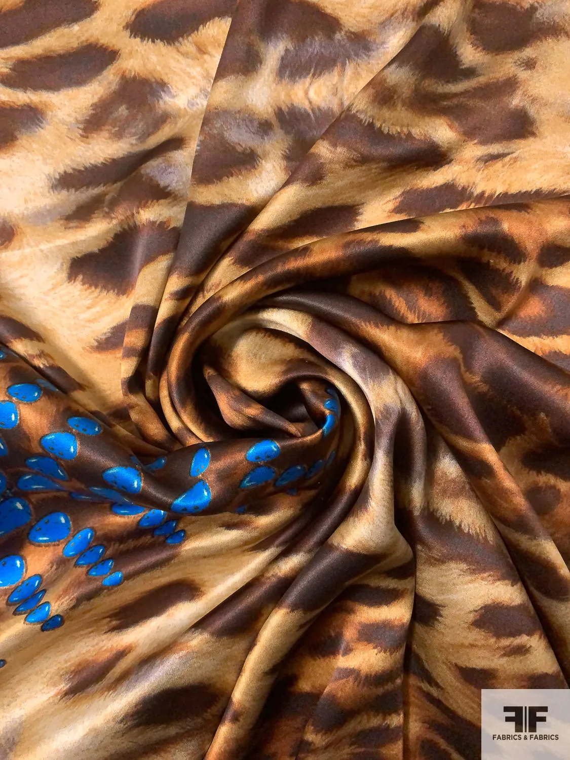 Animal Pattern with Border Print Silk Charmeuse - Brown / Caramel /Blue