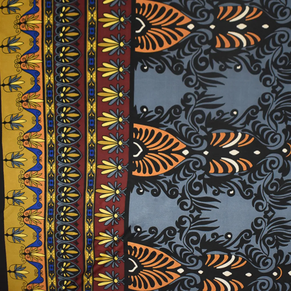 Ash Blue-Orange-Multi Baroque Border Print Stretch Silk Jersey Knit Fabric