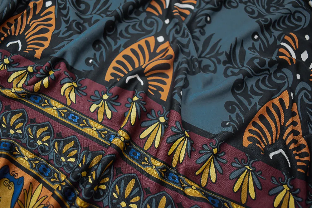 Ash Blue-Orange-Multi Baroque Border Print Stretch Silk Jersey Knit Fabric