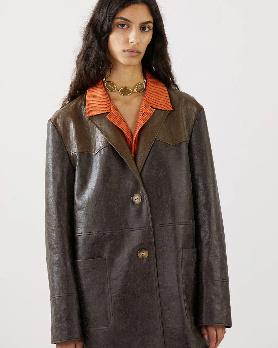 Atlas Coat Faux Leather Distressed Brown