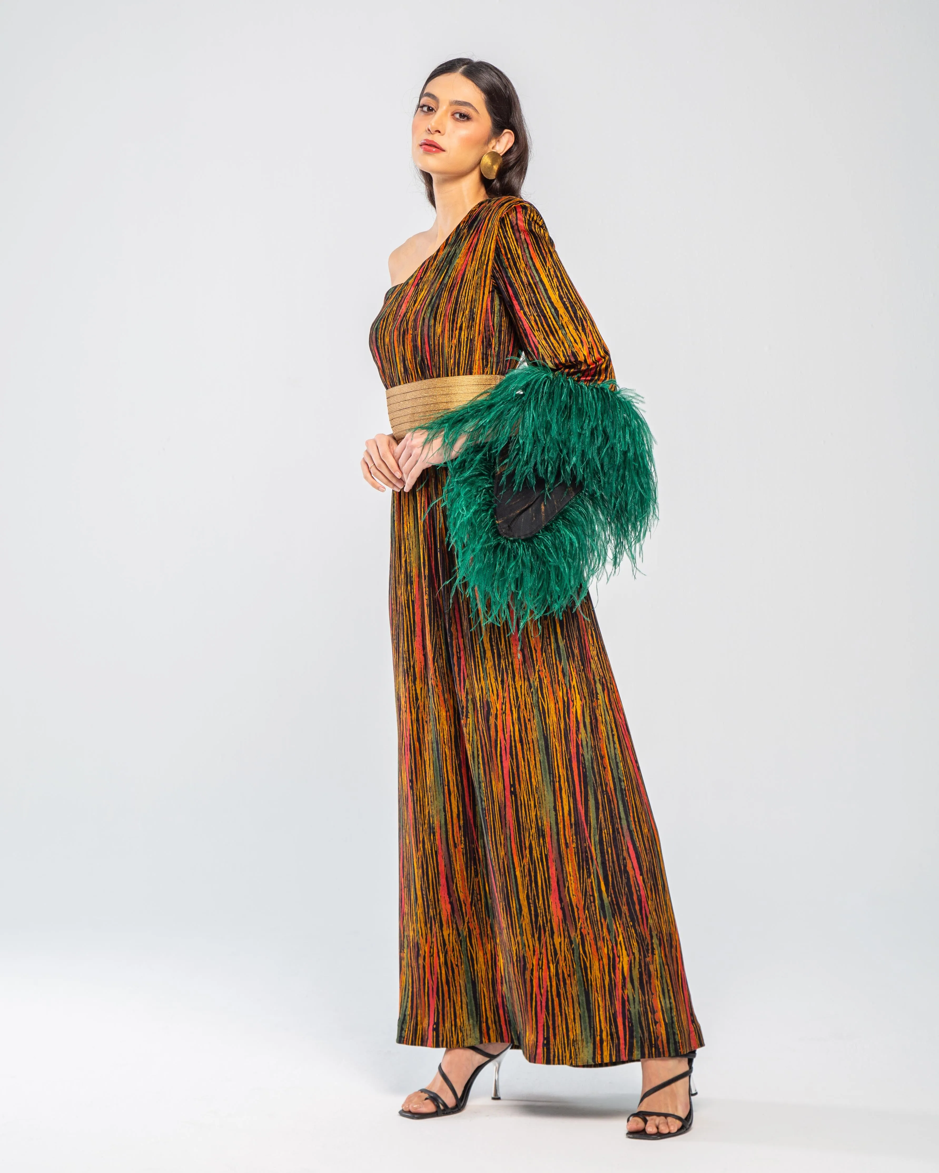 Autumn Rain Velvet One-shoulder Feather Maxi Dress