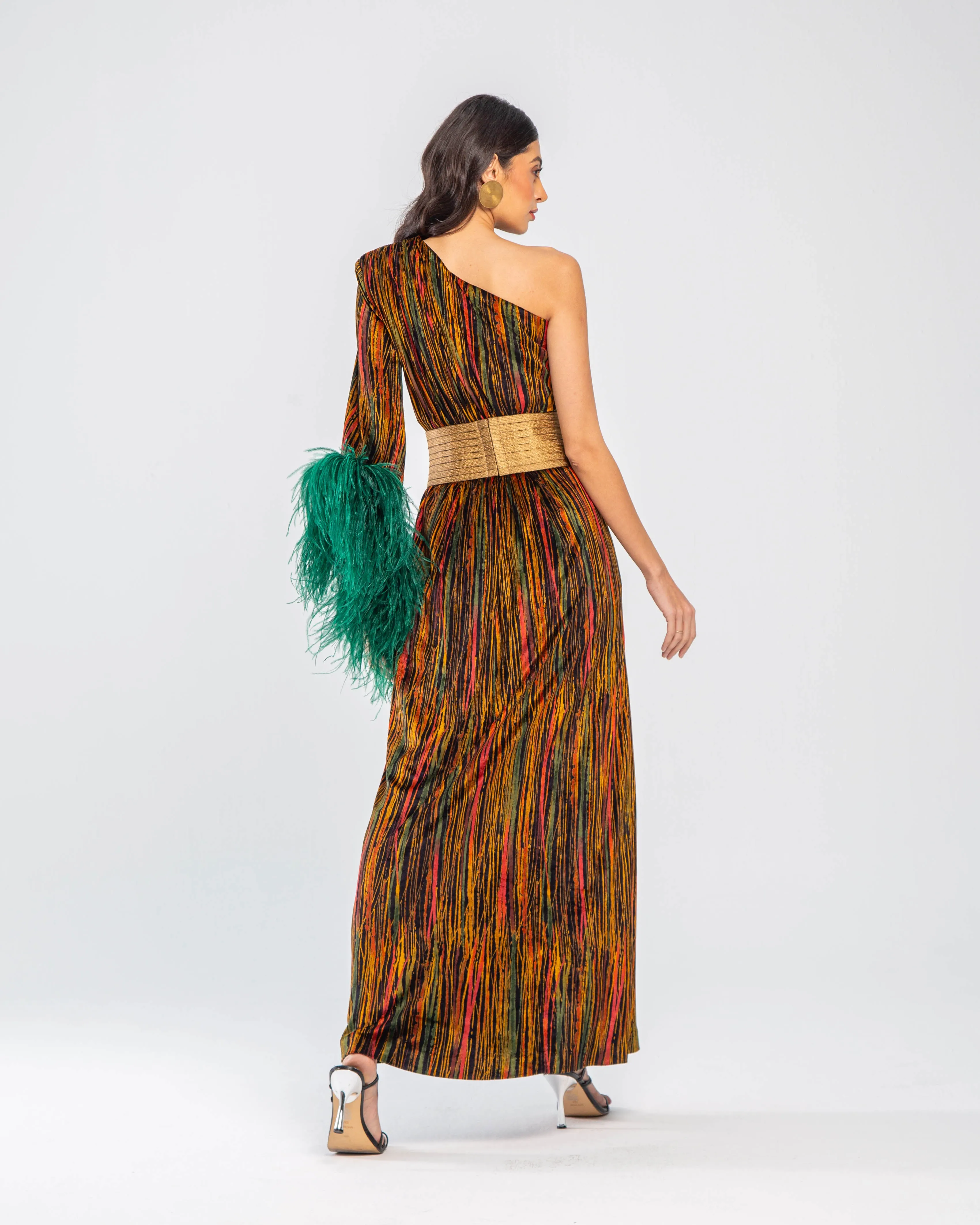 Autumn Rain Velvet One-shoulder Feather Maxi Dress