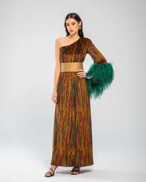 Autumn Rain Velvet One-shoulder Feather Maxi Dress