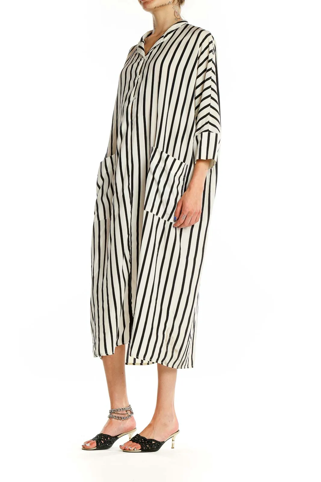 Black and White Striped Midi Shirt Dress