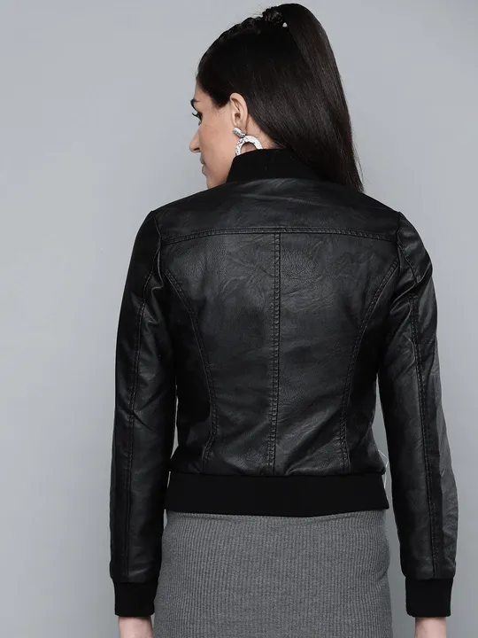 Black Bomber Leather Jacket for Women By TJS