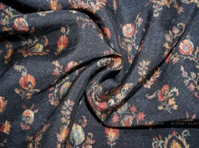 Black Floral Printed Raw Silk Fabric