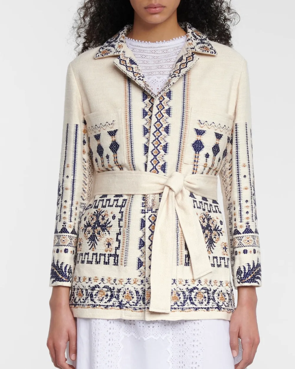 Blue and White Bohemian Print Wool Blend Jacket