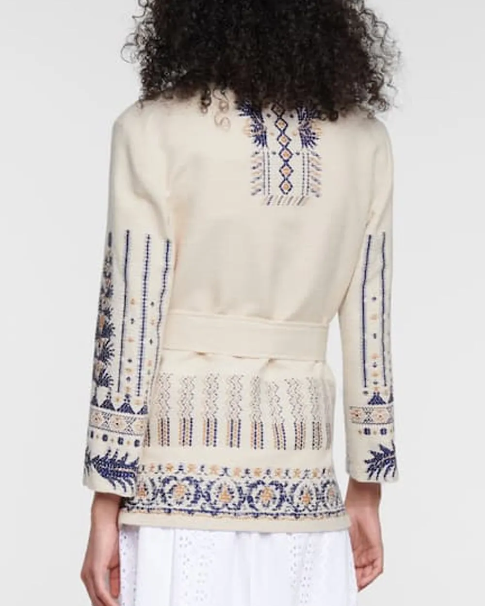 Blue and White Bohemian Print Wool Blend Jacket