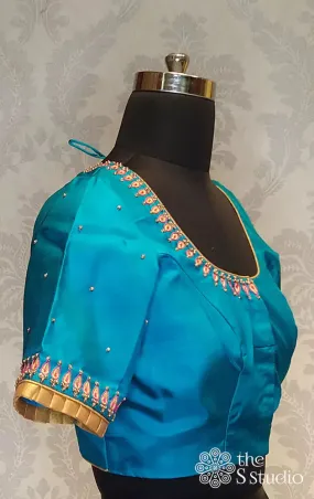 Blue kanchi silk readymade blouse with embroidery