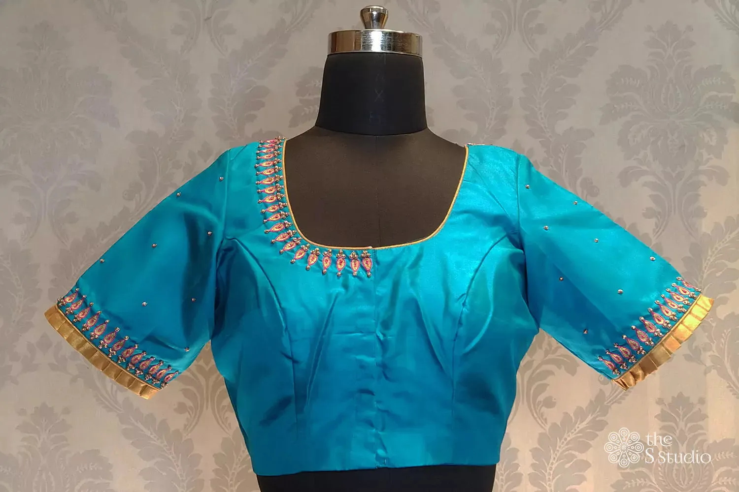 Blue kanchi silk readymade blouse with embroidery