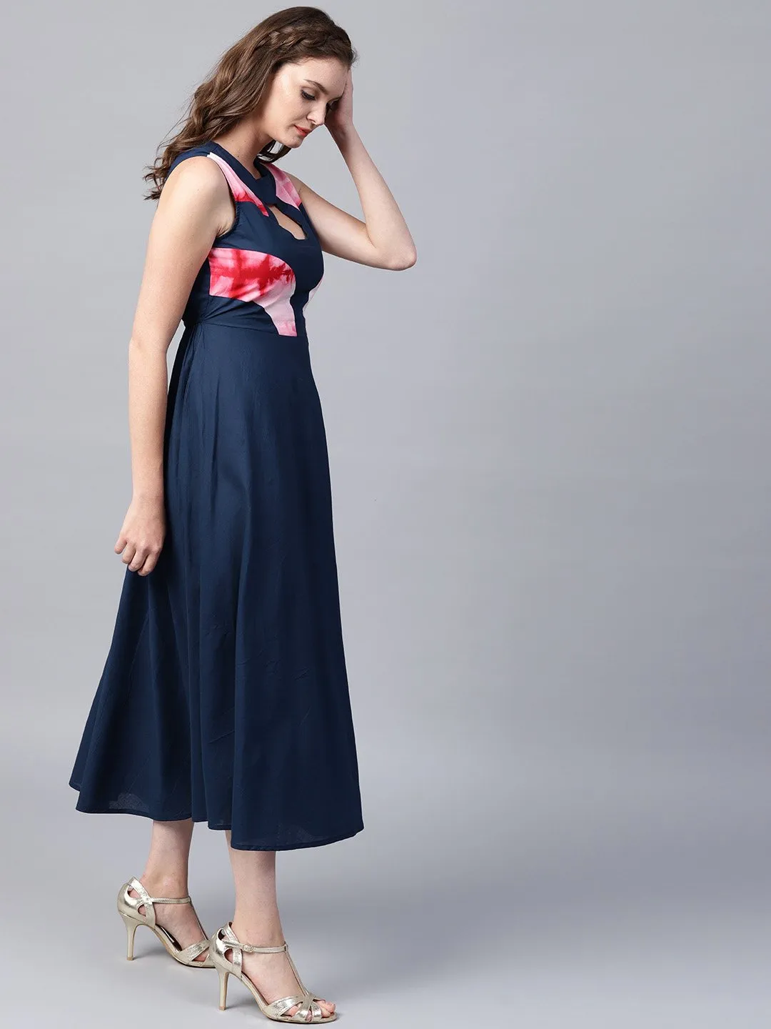 Blue sleeveless cotton A-line maxi dress with yoke printed