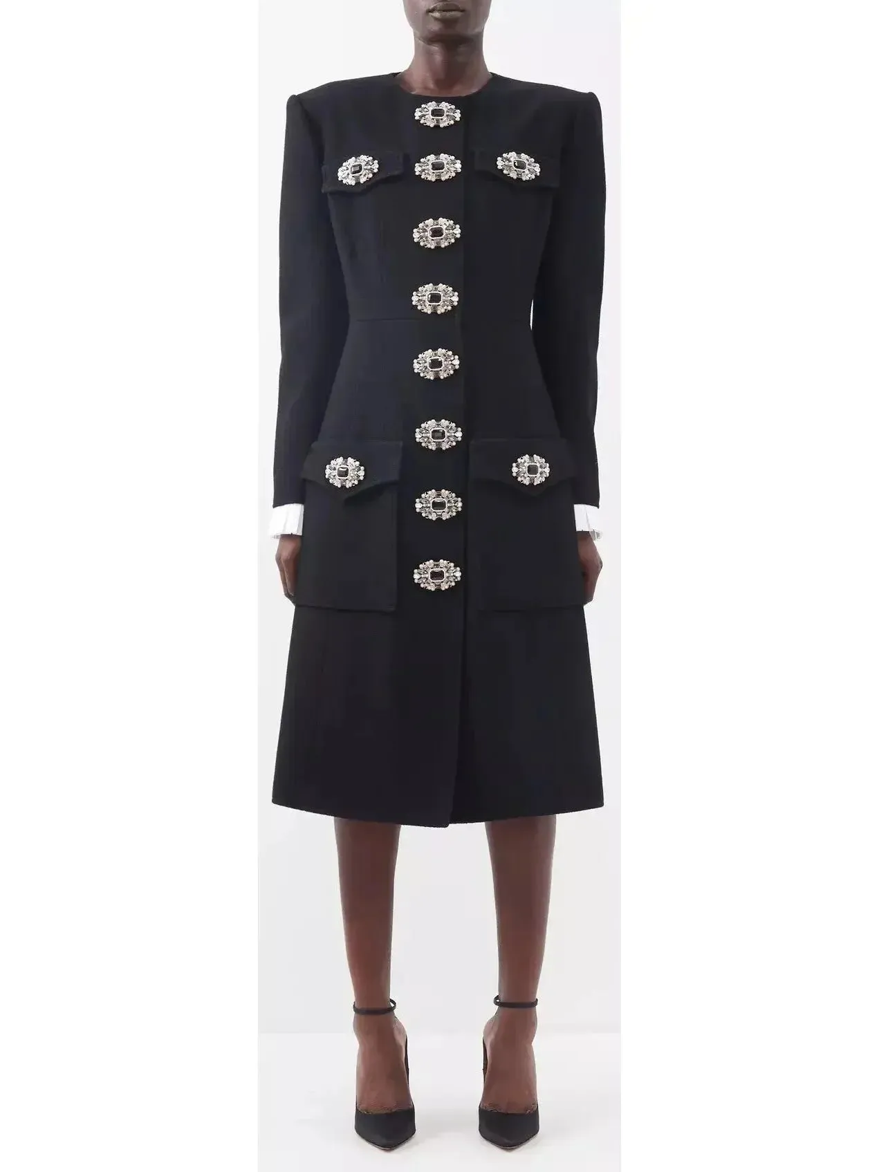 Button-Embellished Black Midi Coat