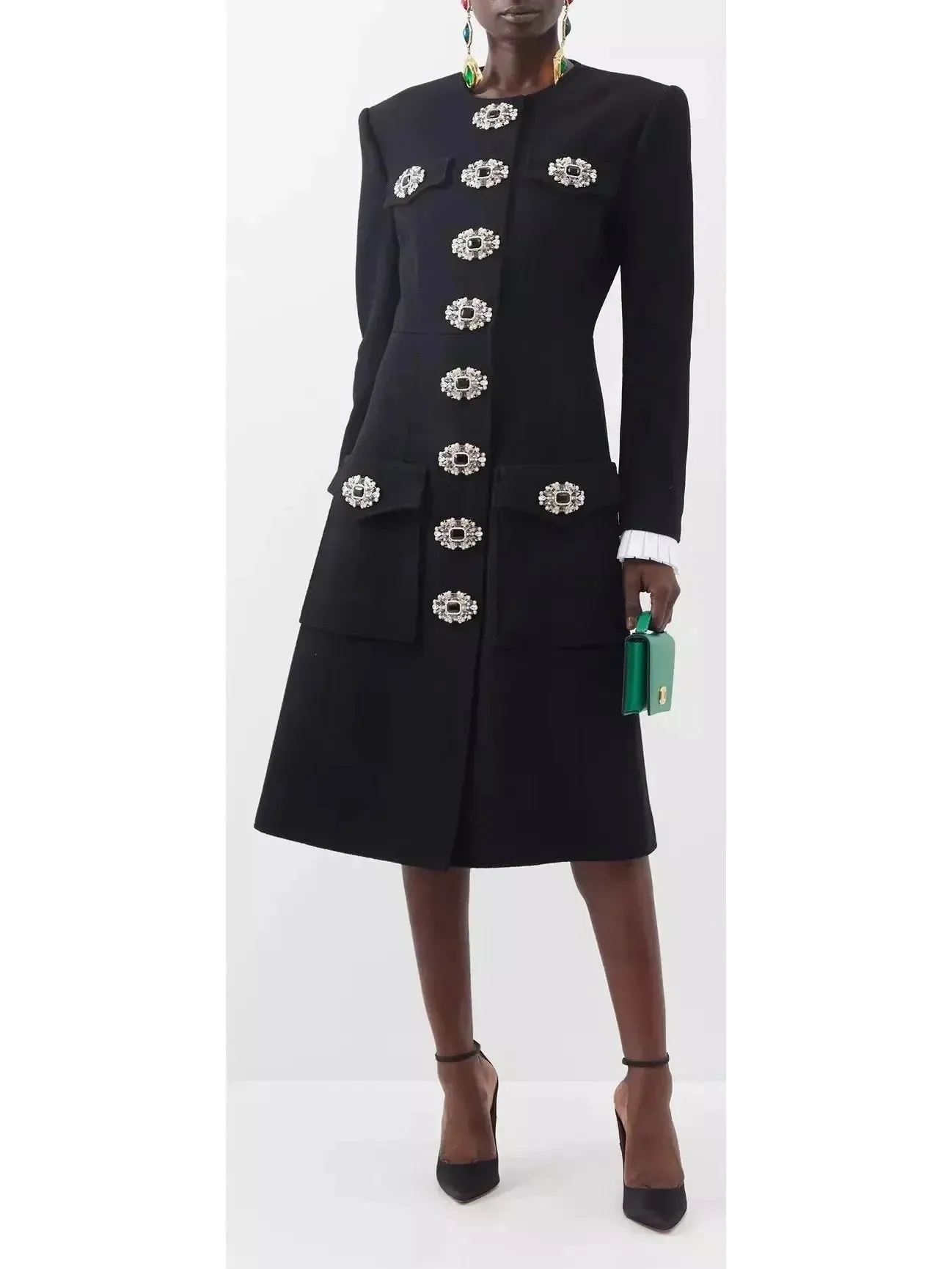 Button-Embellished Black Midi Coat