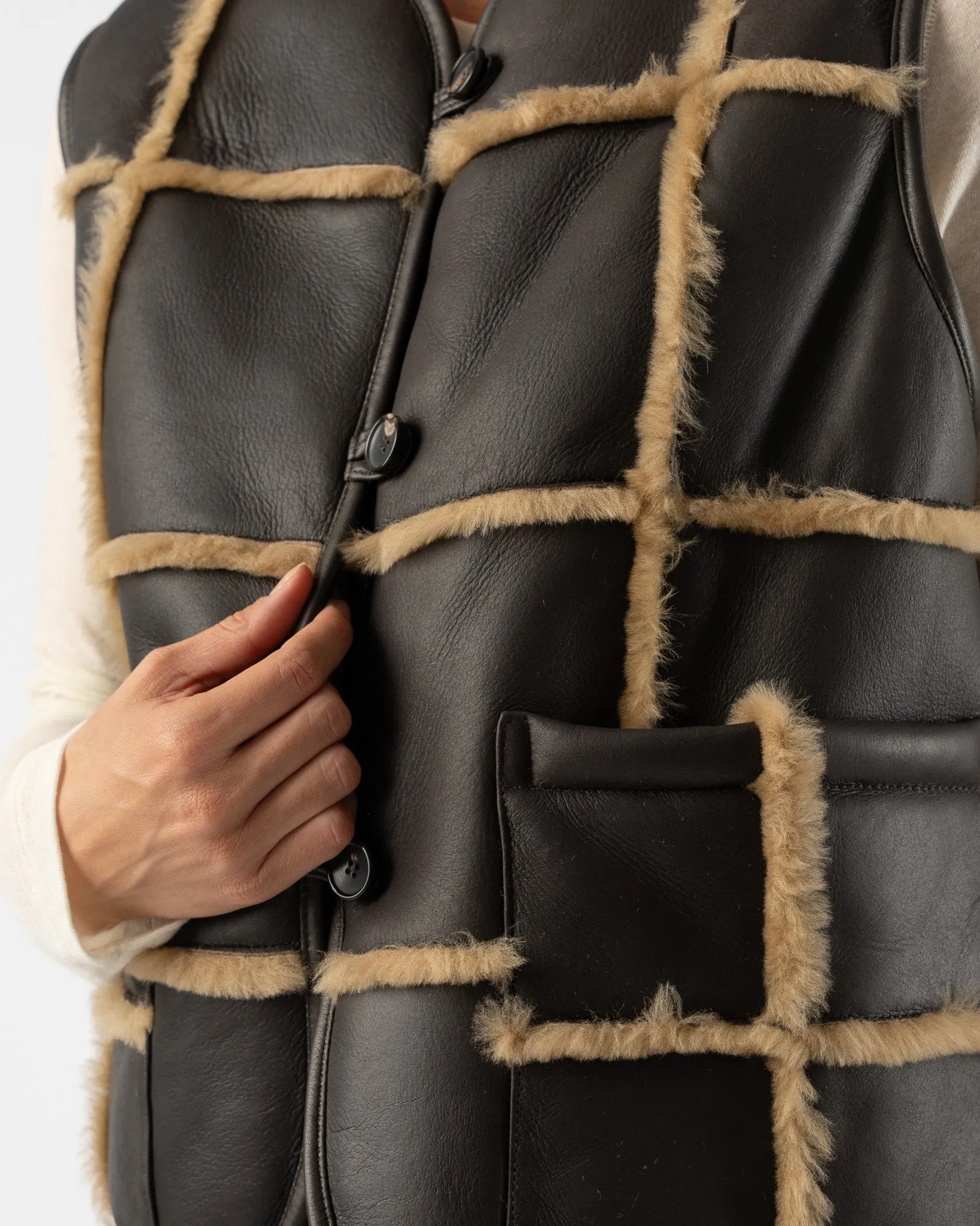 Cawley Checked Ella Vest with Leather Back and Straight Hair Sheepskin in Chocolate/Tan