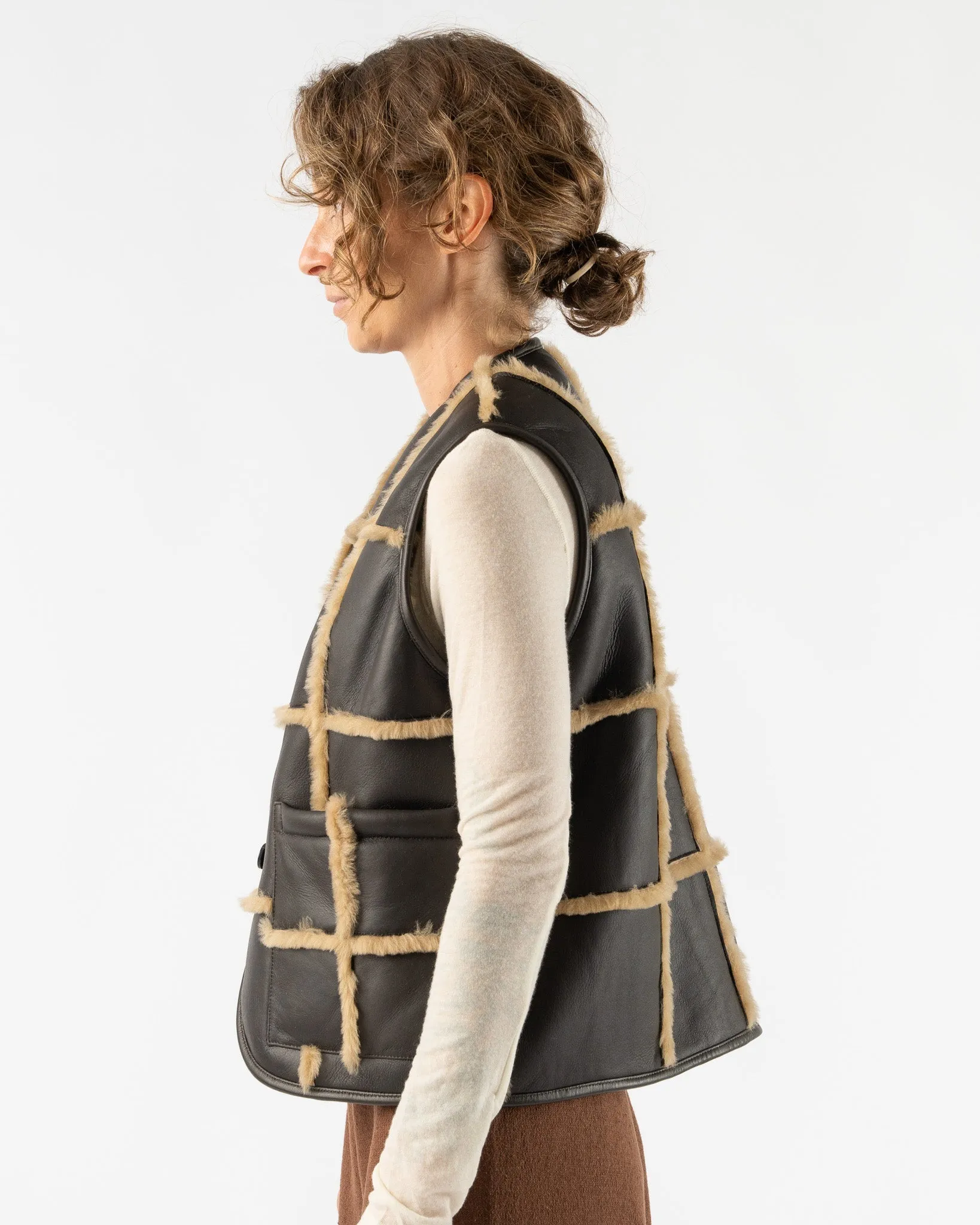 Cawley Checked Ella Vest with Leather Back and Straight Hair Sheepskin in Chocolate/Tan