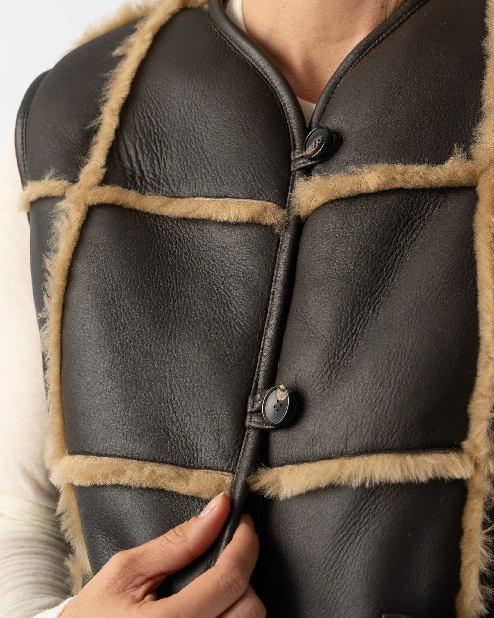 Cawley Checked Ella Vest with Leather Back and Straight Hair Sheepskin in Chocolate/Tan