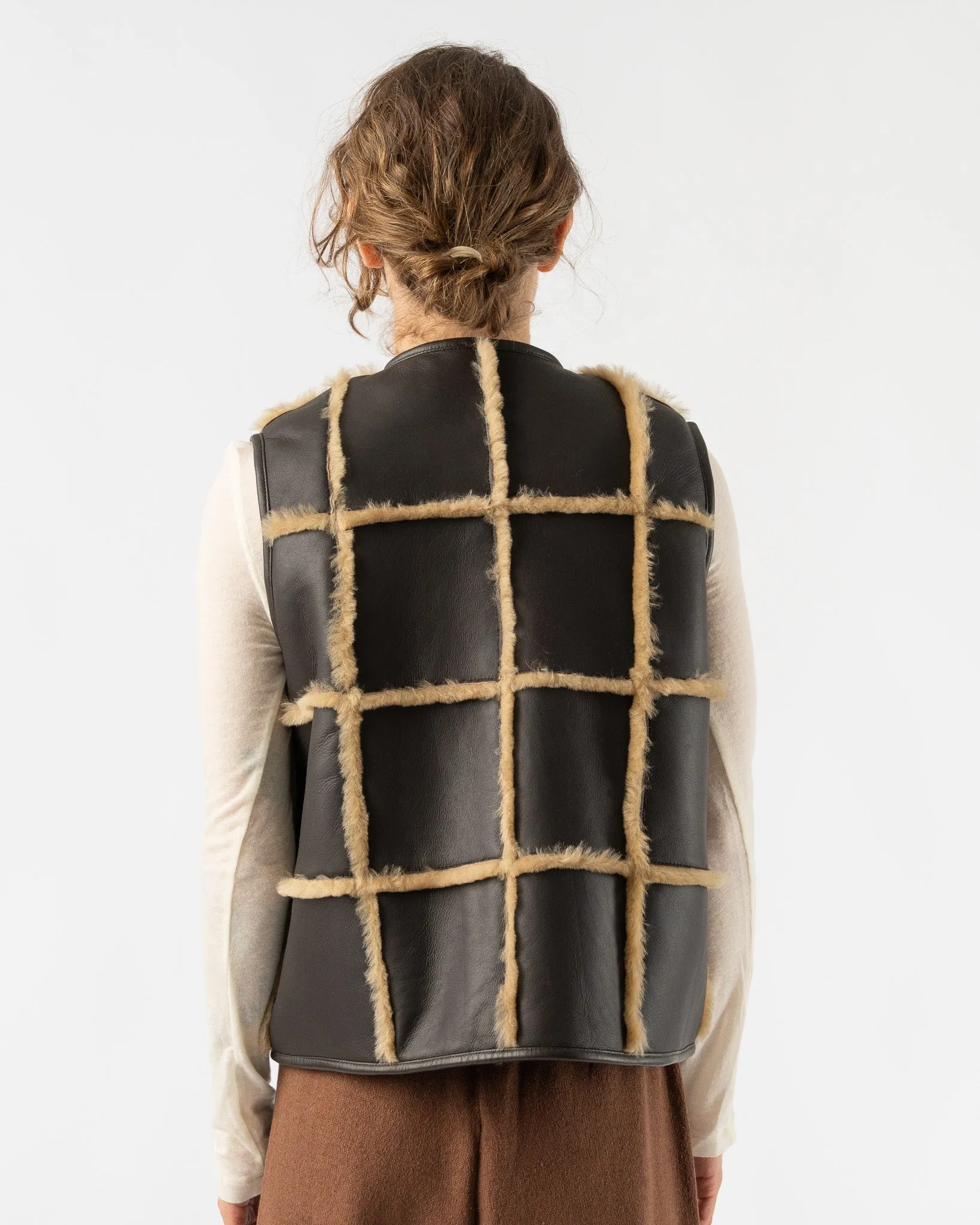 Cawley Checked Ella Vest with Leather Back and Straight Hair Sheepskin in Chocolate/Tan