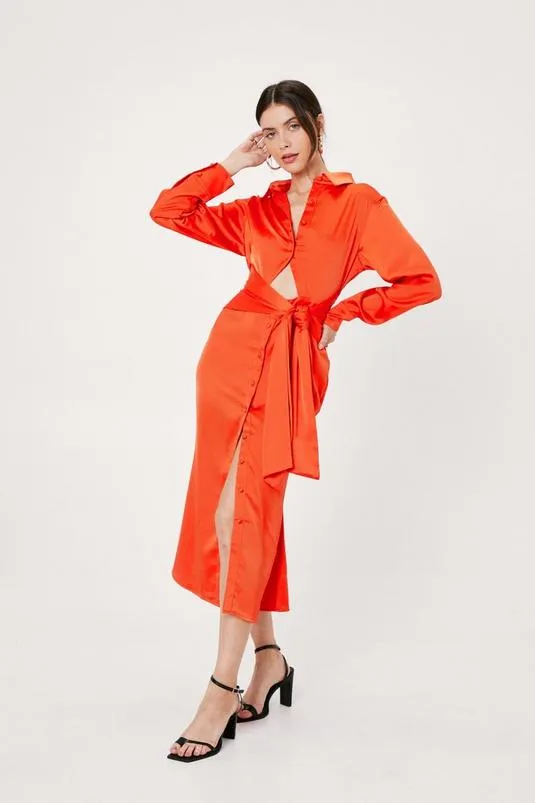 Cut out tie front midi shirt dress