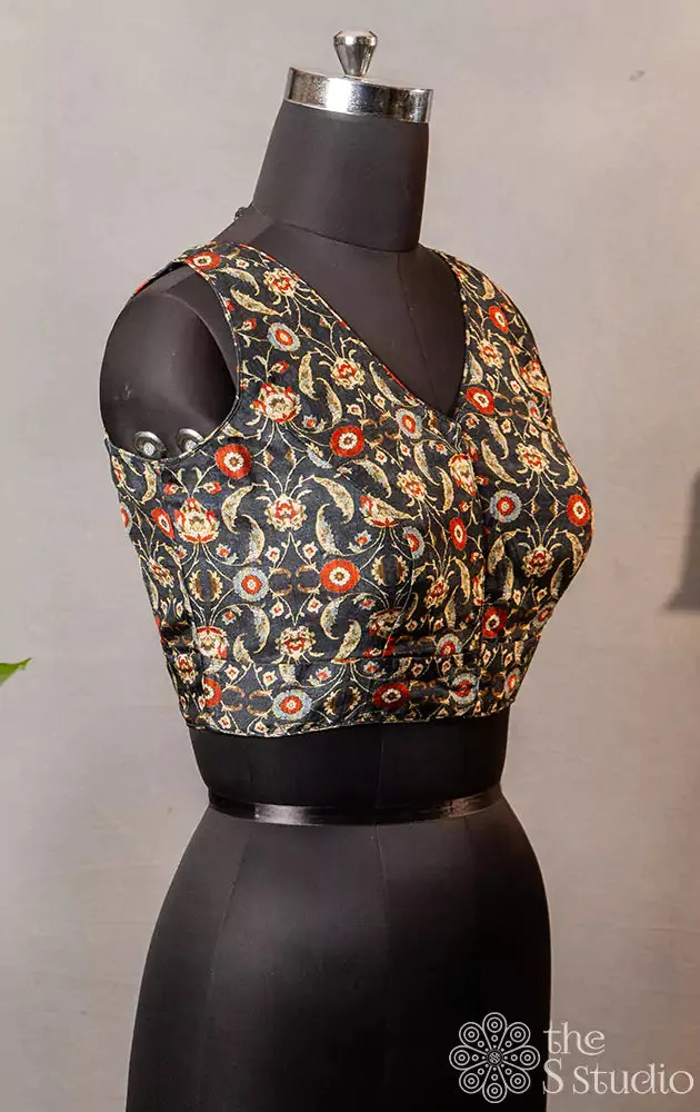 Dark grey floral printed sleeveless semi silk readymade blouse