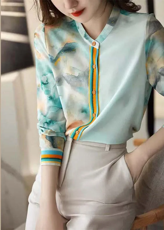 Elegant Blue Print Button Silk Blouses Spring QA1083