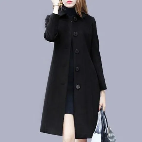 Fashion British Solid Button Woolen Coat Women Long Sleeve