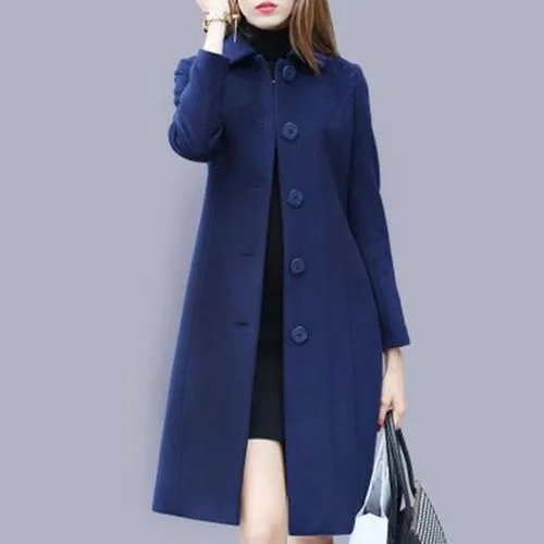 Fashion British Solid Button Woolen Coat Women Long Sleeve