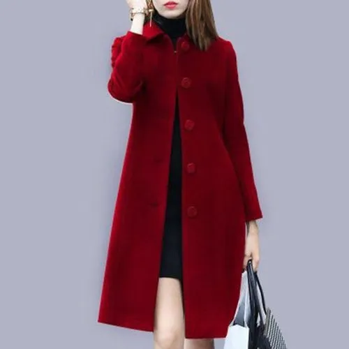 Fashion British Solid Button Woolen Coat Women Long Sleeve