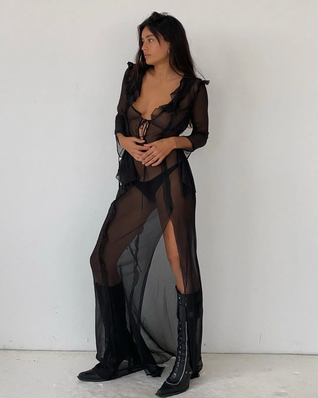 FashionSierra - Sexy V neck Perspective Ruffle Drawstring Tight Maxi Dresses