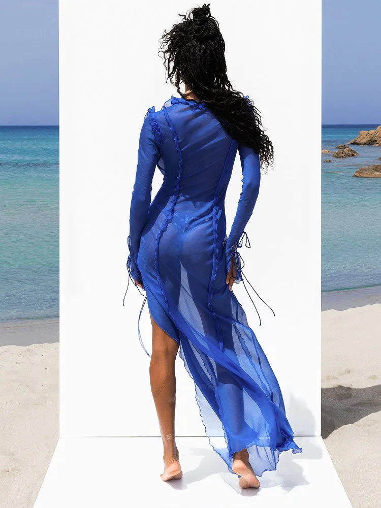 FashionSierra - Sexy V neck Perspective Ruffle Drawstring Tight Maxi Dresses