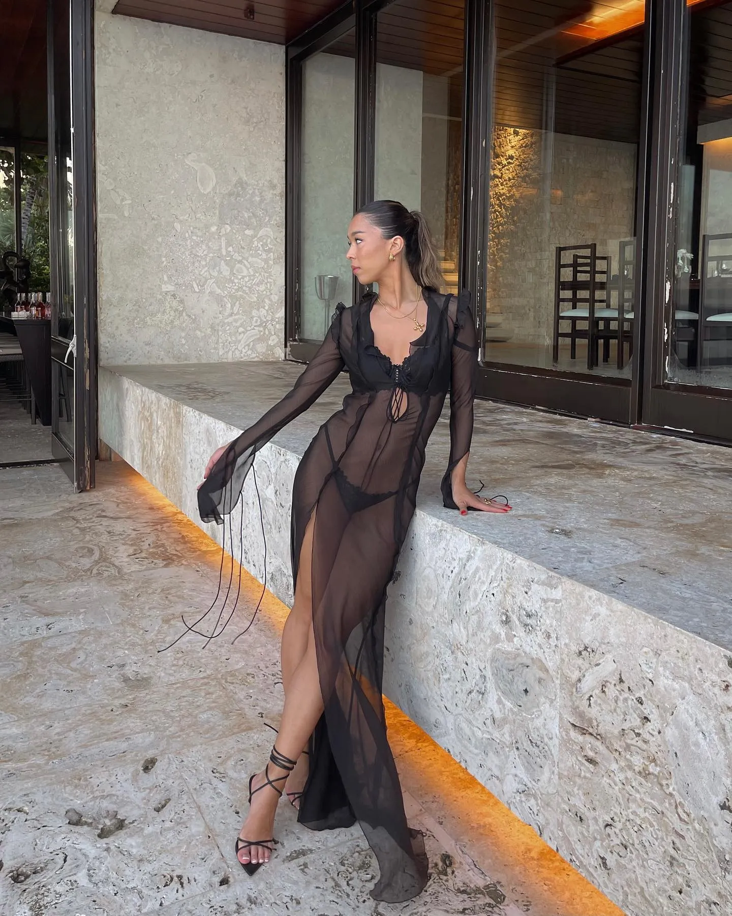 FashionSierra - Sexy V neck Perspective Ruffle Drawstring Tight Maxi Dresses