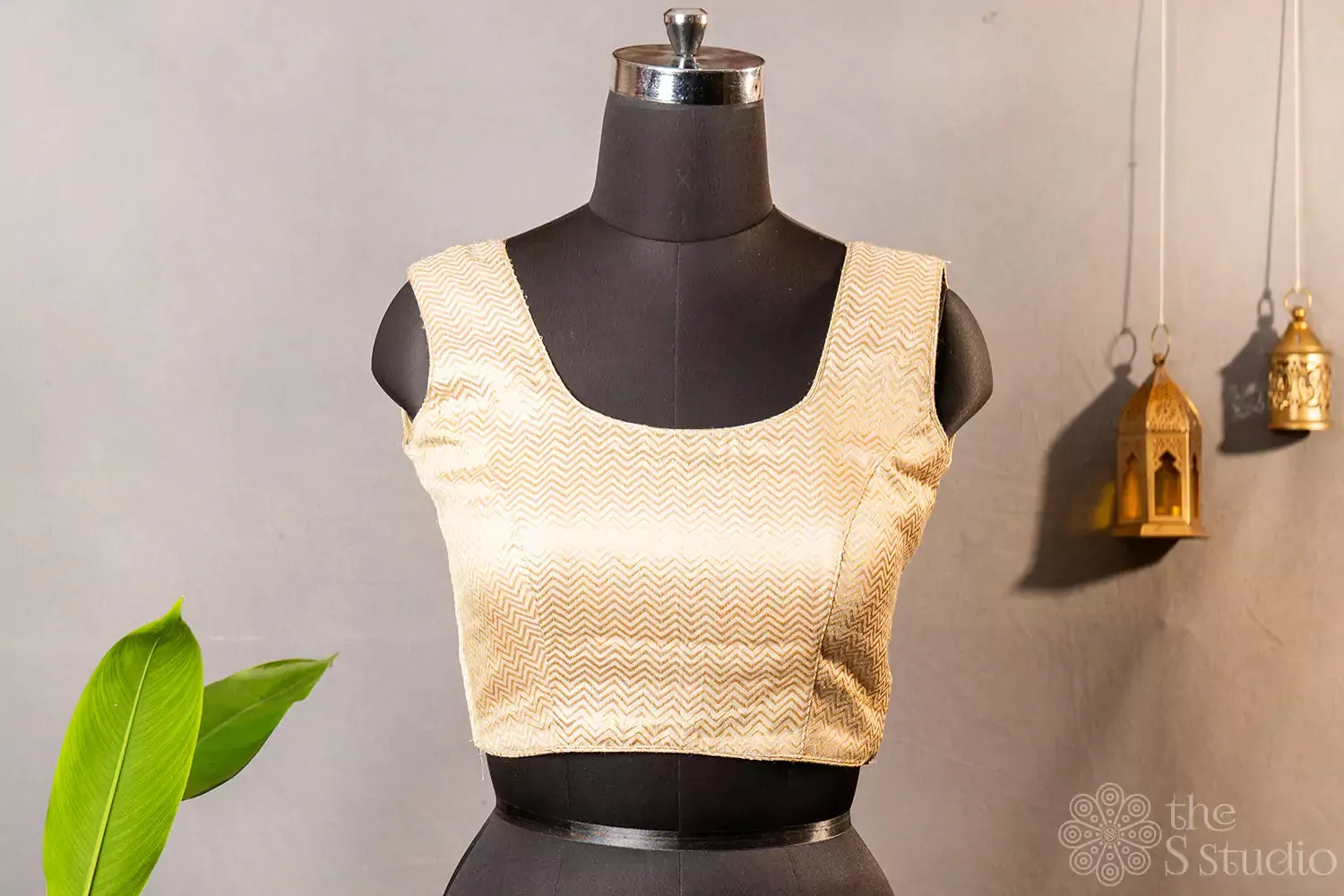 Golden beige sleeveless semi silk  readymade blouse with zig zag lines