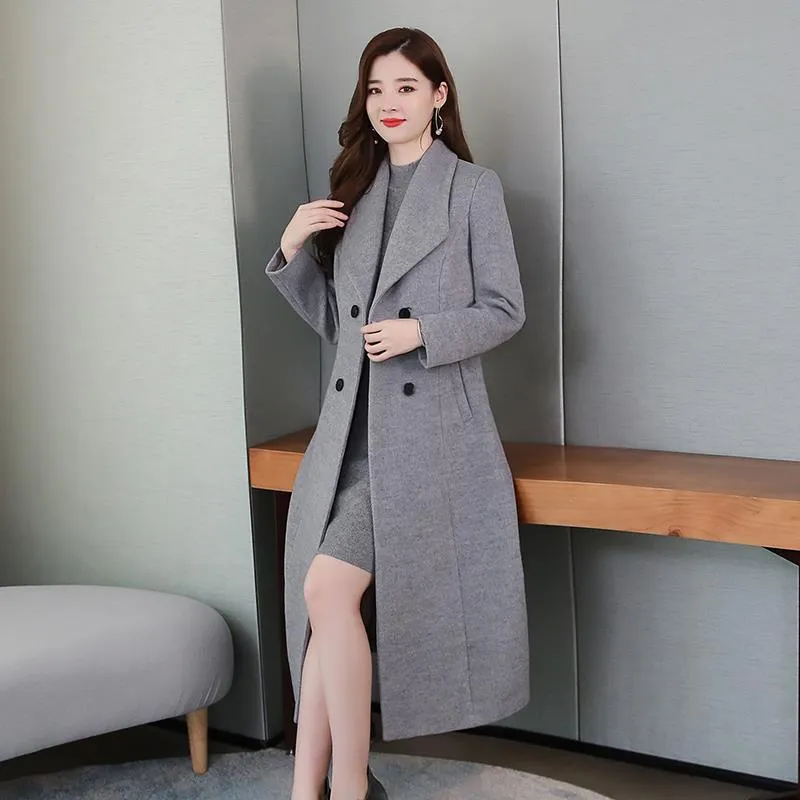 Grey Black Long Wool Coat 2021 New Autumn Winter Woolen Windbreaker