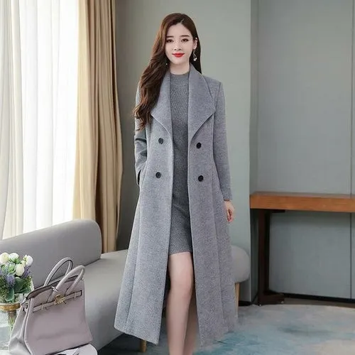 Grey Black Long Wool Coat 2021 New Autumn Winter Woolen Windbreaker