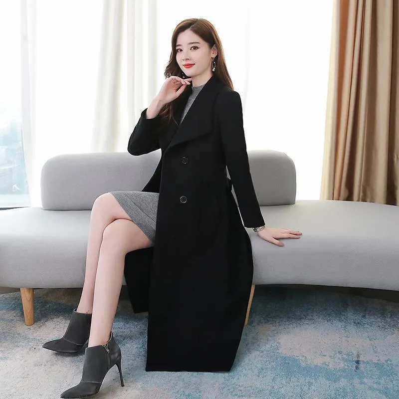 Grey Black Long Wool Coat 2021 New Autumn Winter Woolen Windbreaker