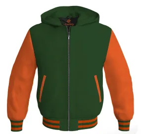 Hoodie Jackets Forest Green Body and Orange Leather Sleeves Bomber Jacket