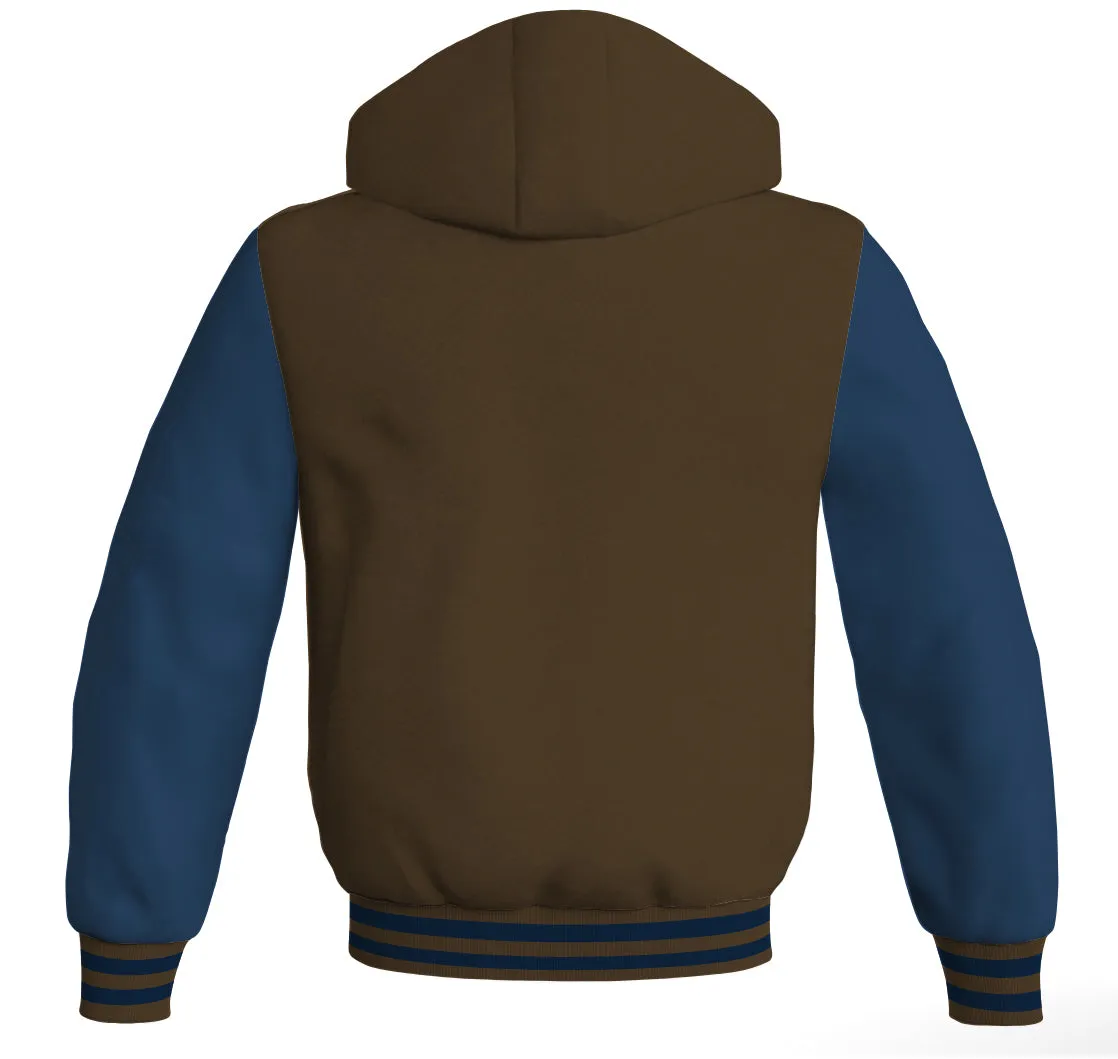 Hoodies For Men Brown Body and Navy Blue Leather Sleeves Varsity Hoodie