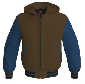 Hoodies For Men Brown Body and Navy Blue Leather Sleeves Varsity Hoodie