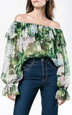 Hydrangea Print Off-The-Shoulder Silk Chiffon Blouse