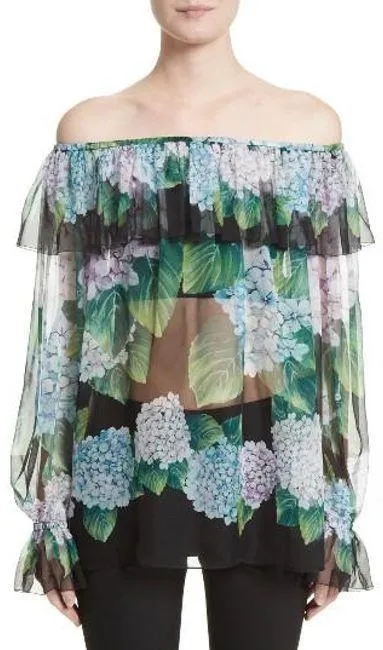 Hydrangea Print Off-The-Shoulder Silk Chiffon Blouse