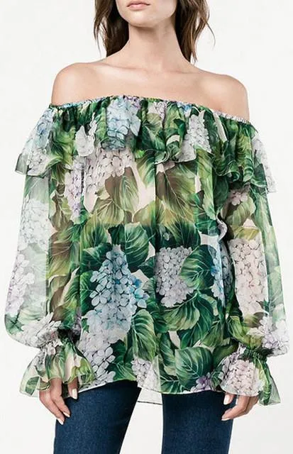 Hydrangea Print Off-The-Shoulder Silk Chiffon Blouse