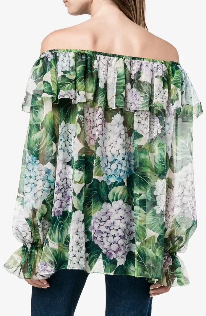 Hydrangea Print Off-The-Shoulder Silk Chiffon Blouse