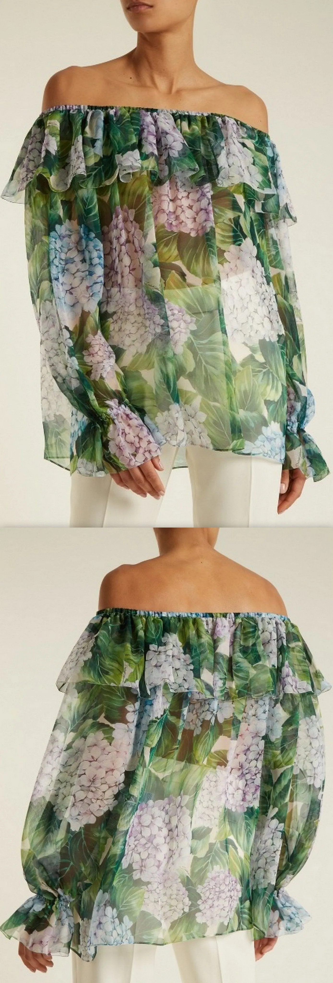 Hydrangea Print Off-The-Shoulder Silk Chiffon Blouse