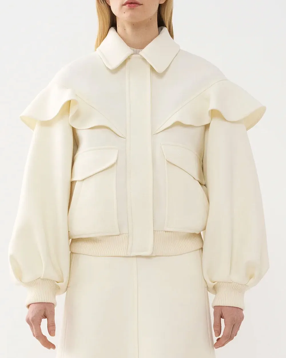 Iconic Milk Ruffle Shoulder Bomber Jacket