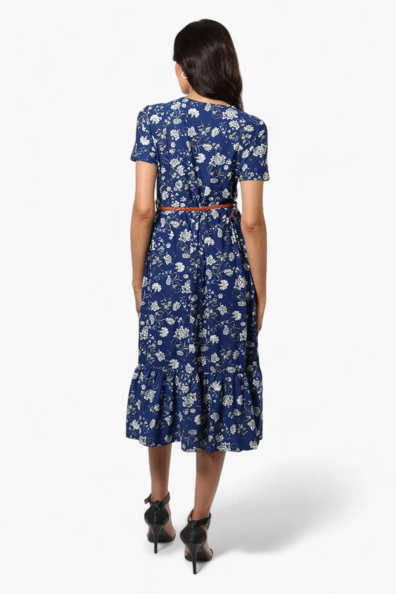 International INC Company Floral Belted Short Sleeve Maxi Dress - Blue