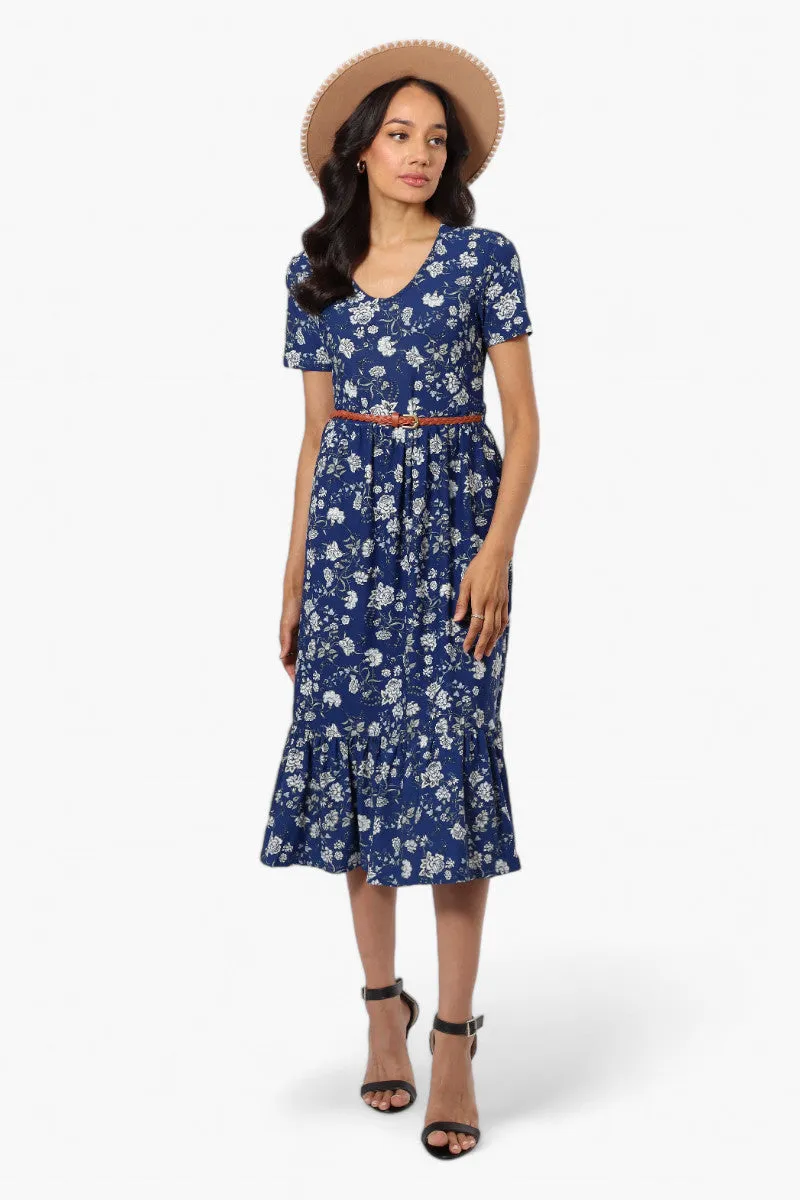 International INC Company Floral Belted Short Sleeve Maxi Dress - Blue