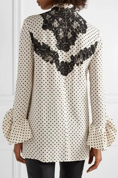 Lace-Trimmed Polka-Dot Silk-Georgette Blouse